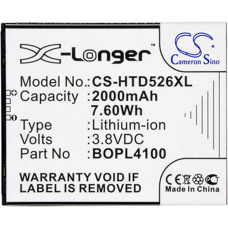3.8V, Li-ion, 2000mAh, SmartPhone battery fits Htc, Bopl4100, Desire 326g, Desire 526, 7.6Wh Mobile, SmartPhone Cameron Sino Technology Limited (Smartphone)