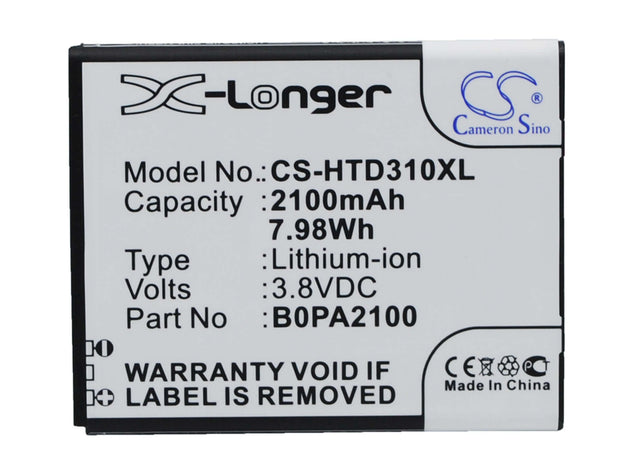 3.8V, Li-ion, 2100mAh, SmartPhone battery fits Htc, 35h00211-00m-v, D310, D310w Dual Sim, 7.98Wh Mobile, SmartPhone Cameron Sino Technology Limited (Smartphone)