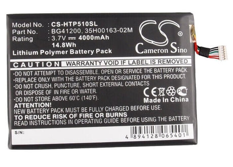 3.7V, Li-Polymer, 4000mAh, Tablet battery fits Htc, 35h00163-00m, Evo View 4g, Flyer, 14.80Wh Tablet Cameron Sino Technology Limited