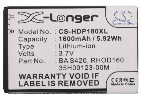 3.7V, Li-ion, 1600mAh, SmartPhone battery fits Htc, 35h00123-00m, T7377, Tilt 2, 5.92Wh Mobile, SmartPhone Cameron Sino Technology Limited (Suspended)