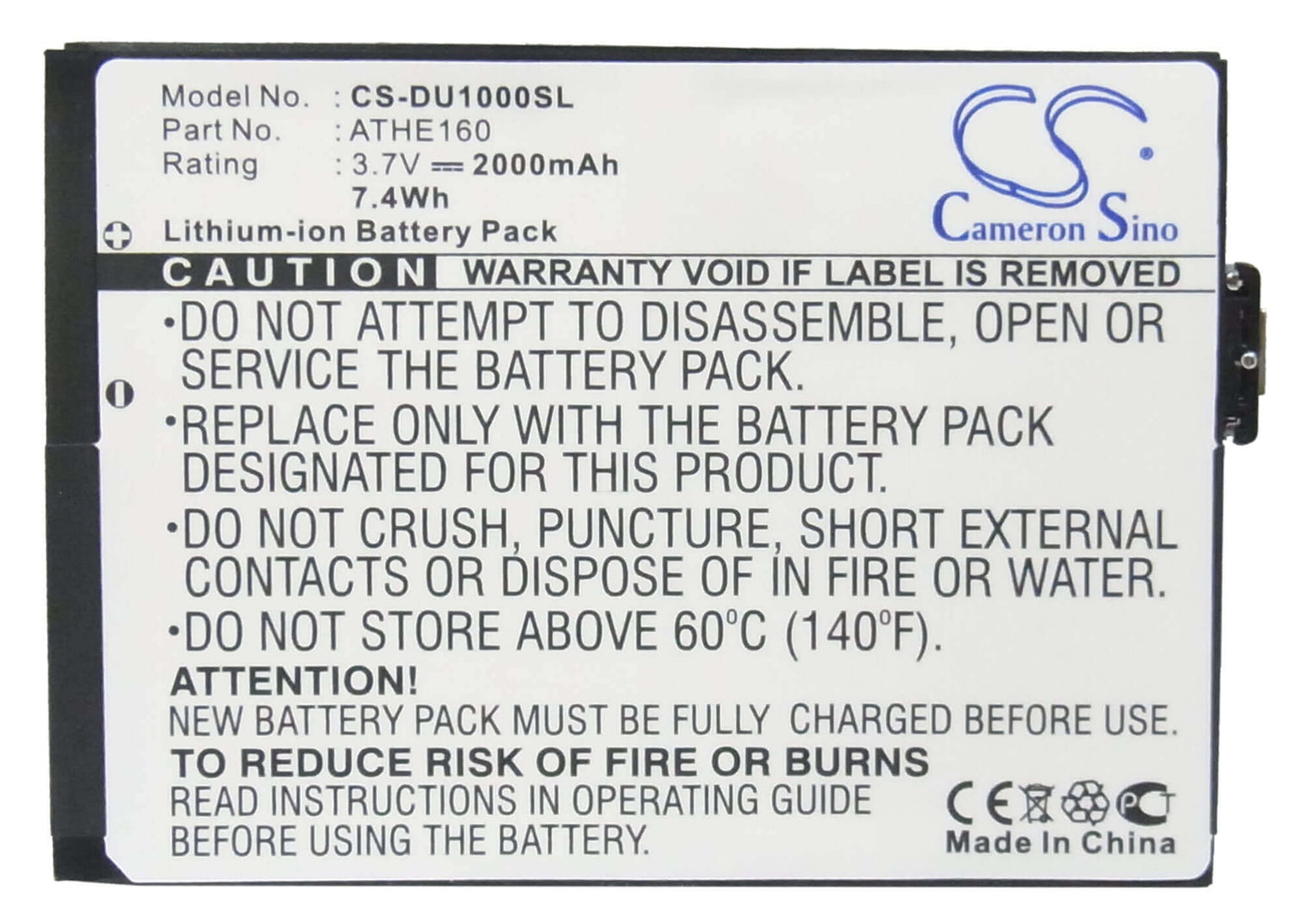 3.7V, Li-ion, 2000mAh, SmartPhone battery fits T-mobile, Dopod, Htc, O2, 35h00081-00m, U1000, 7.4Wh Mobile, SmartPhone Cameron Sino Technology Limited (Smartphone)