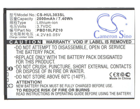 3.7V, Li-ion, 2000mAh, Hotspot battery fits Huawei, Pbd10lpz10, 303hw, Gl10p, 7.40Wh Hotspot Cameron Sino Technology Limited