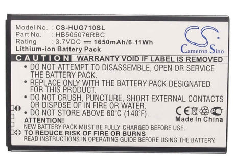 3.7V, Li-ion, 1650mAh, SmartPhone battery fits Huawei, Hb505076rbc, A199, Ascend G606, 6.11Wh Mobile, SmartPhone Cameron Sino Technology Limited (Smartphone)
