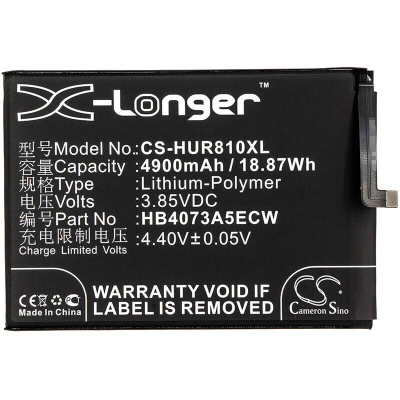 3.85V, Li-Polymer, 4900mAh, SmartPhone battery fits Huawei, Hb4073a5ecw, Are-al00, Honor 8x Max, 18.87Wh Mobile, SmartPhone Cameron Sino Technology Limited (Smartphone)