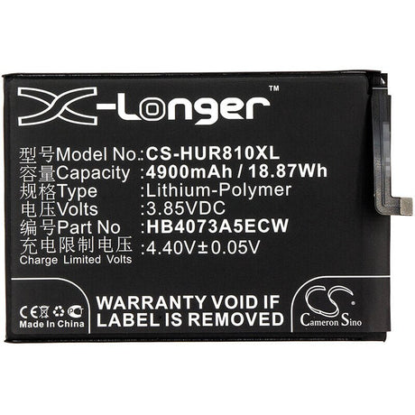 3.85V, Li-Polymer, 4900mAh, SmartPhone battery fits Huawei, Hb4073a5ecw, Are-al00, Honor 8x Max, 18.87Wh Mobile, SmartPhone Cameron Sino Technology Limited (Smartphone)