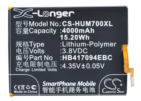 3.8V, Li-Polymer, 4000mAh, SmartPhone battery fits Huawei, Hb417094ebc, Ascend Mate 7, Ascend Mate 7 Dual Sim, 15.2Wh Mobile, SmartPhone Cameron Sino Technology Limited (Smartphone)