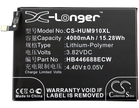 3.82V, Li-Polymer, 4000mAh, SmartPhone battery fits Huawei, Hb446688ecw, Ascend Mate 9 Pro, Lon-al00, 15.28Wh Mobile, SmartPhone Cameron Sino Technology Limited (Smartphone)