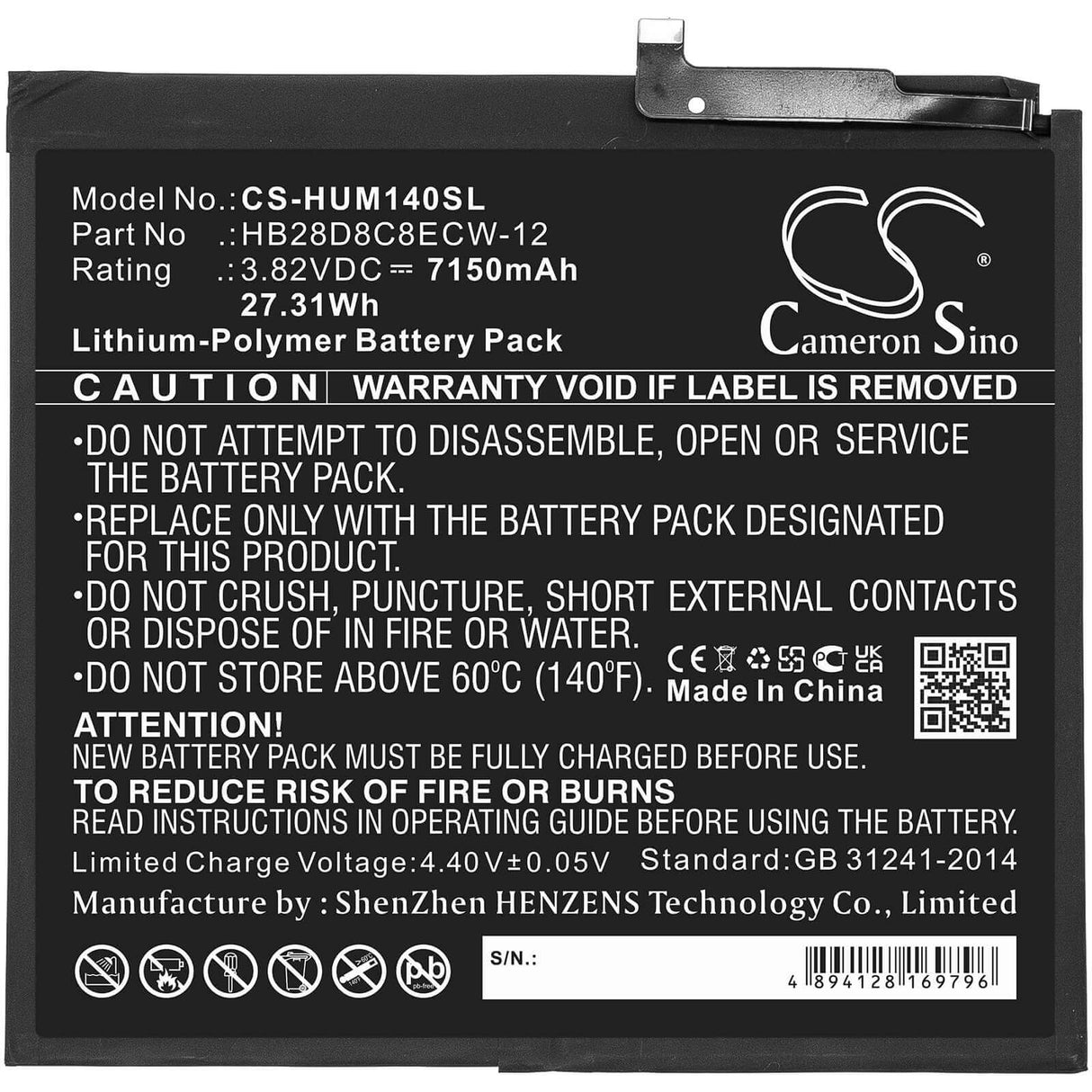 3.82V, Li-Polymer, 7150mAh, Tablet battery fits Huawei, Hb28d8c8ecw-12, Bah3-al00, Bah3-l09, 27.31Wh Tablet Cameron Sino Technology Limited