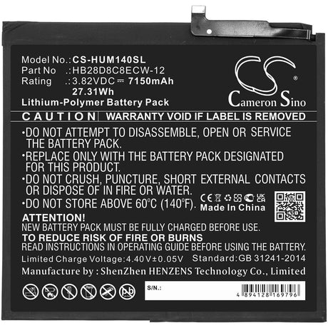 3.82V, Li-Polymer, 7150mAh, Tablet battery fits Huawei, Hb28d8c8ecw-12, Bah3-al00, Bah3-l09, 27.31Wh Tablet Cameron Sino Technology Limited