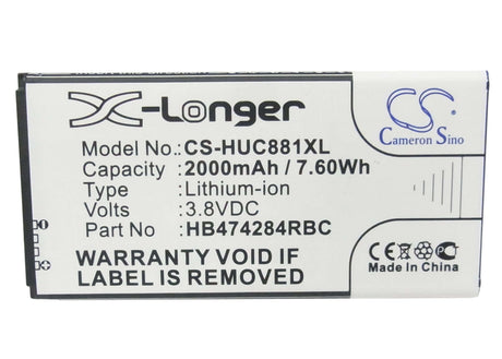 3.8V, Li-ion, 2000mAh, SmartPhone battery fits Huawei, Hb474284rbc, Ascend G521, Ascend G521-l076, 7.6Wh Mobile, SmartPhone Cameron Sino Technology Limited (Smartphone)