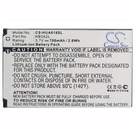 3.7V, Li-ion, 700mAh, SmartPhone battery fits Huawei, Hb3a2l, A618, Calidad, 2.59Wh Mobile, SmartPhone Cameron Sino Technology Limited (Suspended)