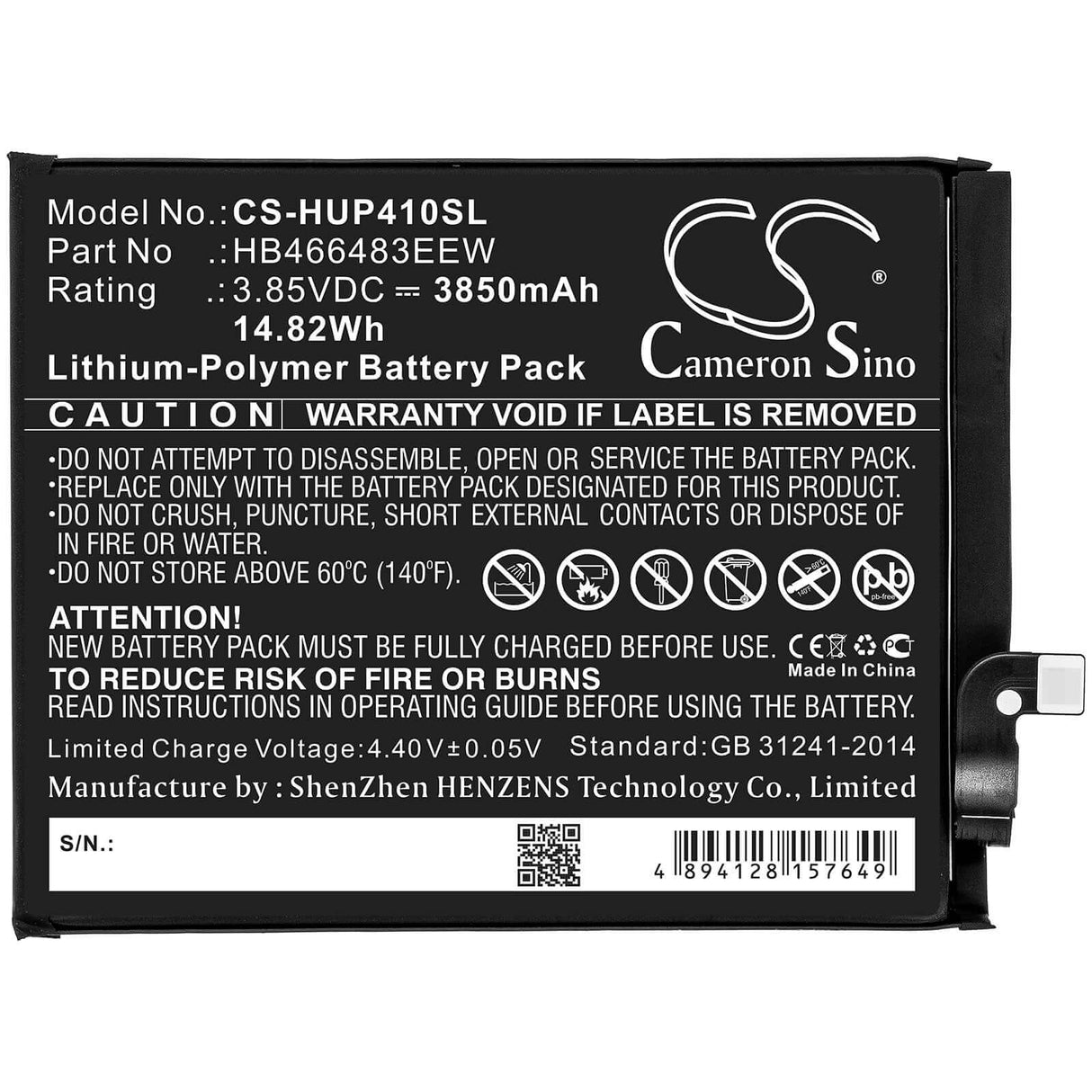 3.85V, Li-Polymer, 3850mAh, SmartPhone battery fits Honor, Huawei, Hb466483eew, 30, 30s, 14.82Wh Mobile, SmartPhone Cameron Sino Technology Limited (Smartphone)