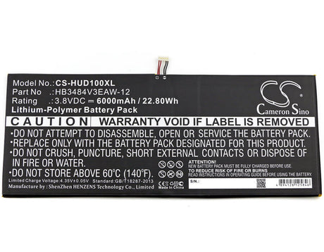 3.8V, Li-Polymer, 6000mAh, Tablet battery fits Huawei, Hb3484v3eaw-12, D-01h, Dtab, 22.80Wh Tablet Cameron Sino Technology Limited