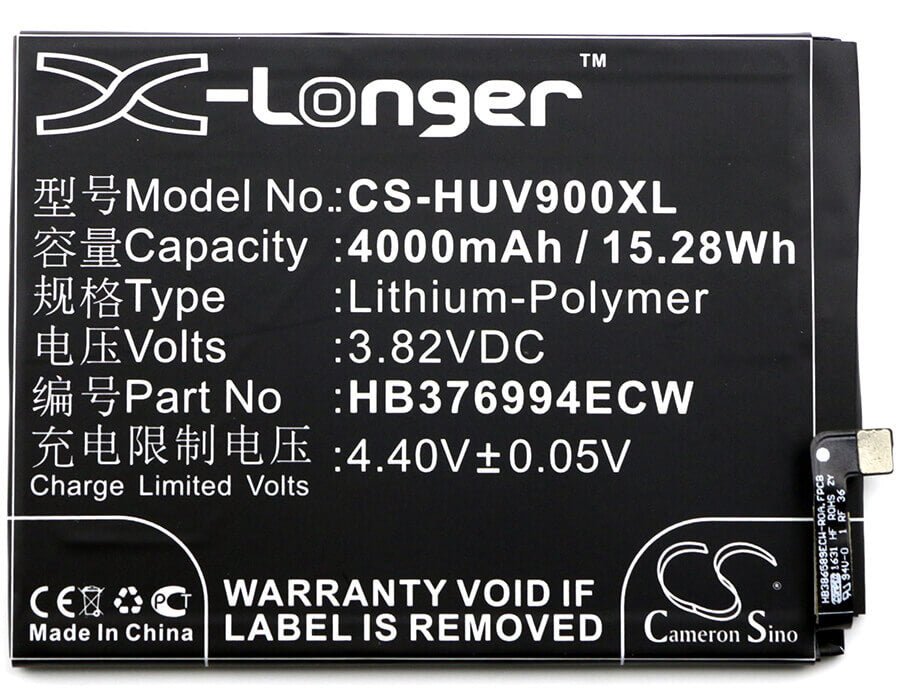 3.82V, Li-Polymer, 4000mAh, SmartPhone battery fits Huawei, Hb376994ecw, Duk-al20, Duk-l09, 15.28Wh Mobile, SmartPhone Cameron Sino Technology Limited (Smartphone)