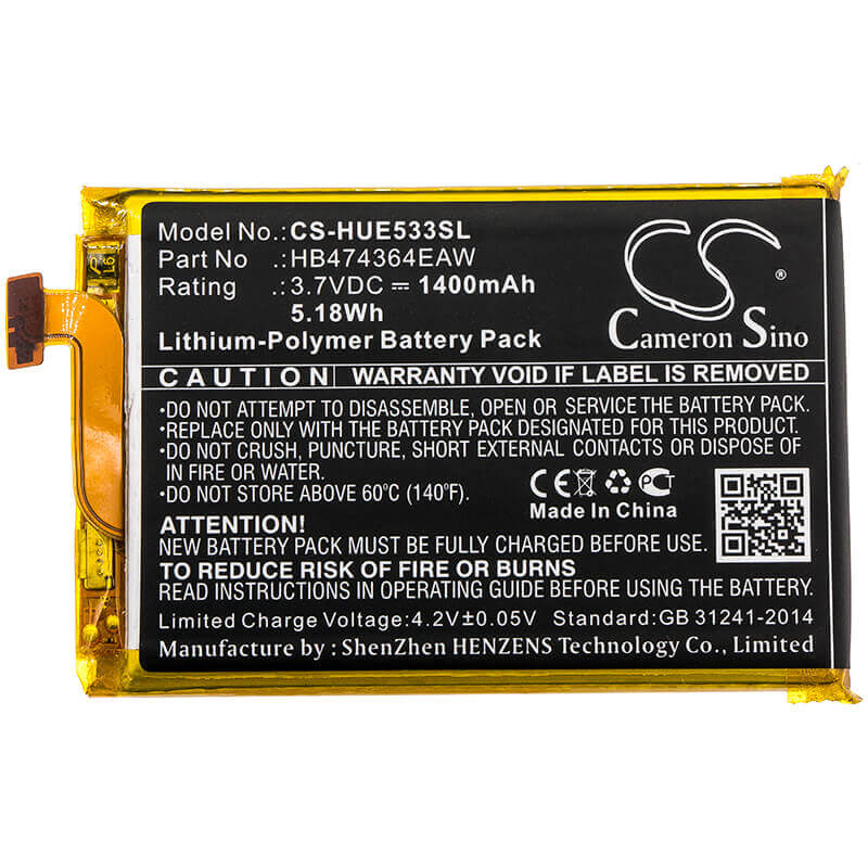 3.7V, Li-Polymer, 1400mAh, Hotspot battery fits Huawei, Hb474364eaw, E5338, E5338-bk, 5.18Wh Hotspot Cameron Sino Technology Limited
