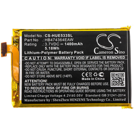 3.7V, Li-Polymer, 1400mAh, Hotspot battery fits Huawei, Hb474364eaw, E5338, E5338-bk, 5.18Wh Hotspot Cameron Sino Technology Limited
