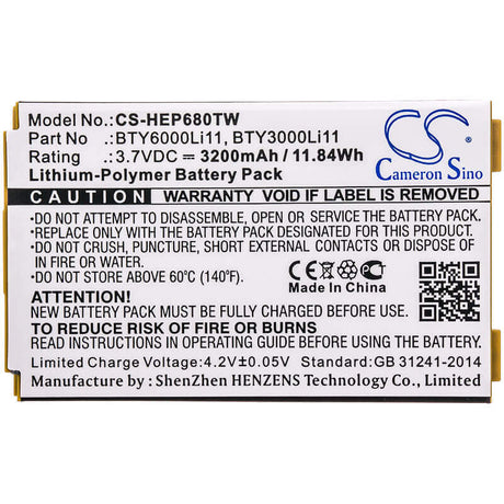 3.7V, Li-Polymer, 3200mAh, Two-Way Radio battery fits Huawei, Bty3000li11, Ep680, 11.84Wh Two-Way Radio Cameron Sino Technology Limited
