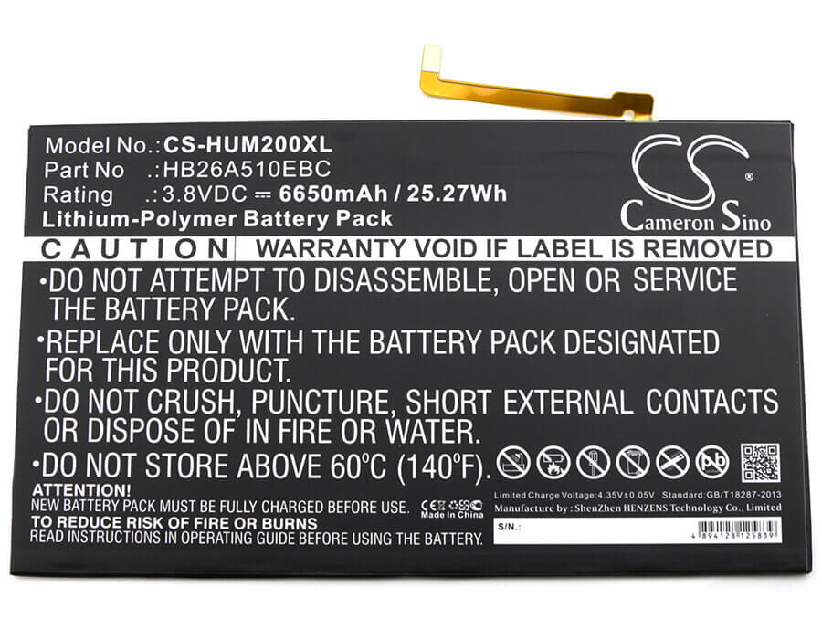 3.8V, Li-Polymer, 6650mAh, Tablet battery fits Huawei, Hb26a510ebc, Bah-l09, Fdr-a01w, 25.27Wh Tablet Cameron Sino Technology Limited