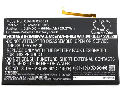 3.8V, Li-Polymer, 6650mAh, Tablet battery fits Huawei, Hb26a510ebc, Bah-l09, Fdr-a01w, 25.27Wh Tablet Cameron Sino Technology Limited