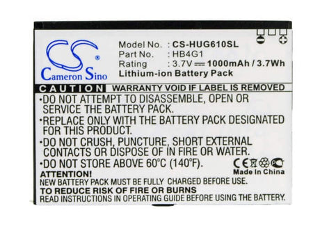 3.7V, Li-ion, 1000mAh, SmartPhone battery fits Huawei, Hb4g1, G6610, G6610v, 3.7Wh Mobile, SmartPhone Cameron Sino Technology Limited (Smartphone)