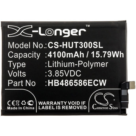 3.85V, Li-Polymer, 4100mAh, SmartPhone battery fits Huawei, Hb486586ecw, Honor V30, Honor View 30, 15.79Wh Mobile, SmartPhone Cameron Sino Technology Limited (Smartphone)
