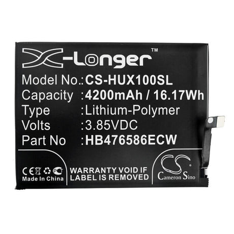 3.85V, Li-Polymer, 4200mAh, SmartPhone battery fits Huawei, Hb476586ecw, Honor X10, Honor X10 5g, 16.17Wh Mobile, SmartPhone Cameron Sino Technology Limited (Smartphone)