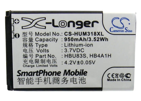 3.7V, Li-ion, 950mAh, SmartPhone battery fits Consumer Cellular, Plusfon, Huawei, Vodafone, Metropcs, At&t, Hb4a1h, Gophone U2800a, U2800a, 3.52Wh Mobile, SmartPhone Cameron Sino Technology Limited (Smartphone)
