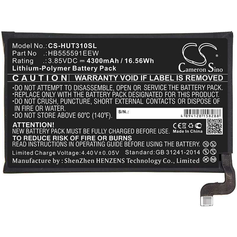 3.85V, Li-Polymer, 4300mAh, SmartPhone battery fits Huawei, Hb555591eew, Lio-an00, Lio-an00p, 16.56Wh Mobile, SmartPhone Cameron Sino Technology Limited (Smartphone)