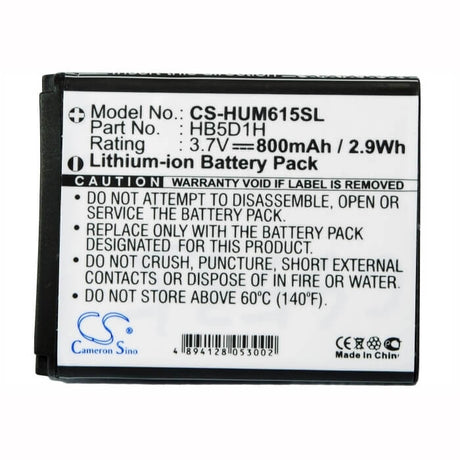 3.7V, Li-ion, 800mAh, SmartPhone battery fits Metropcs, Huawei, Cricket, Hb5d1h, M615, Pillar, 2.96Wh Mobile, SmartPhone Cameron Sino Technology Limited (Smartphone)