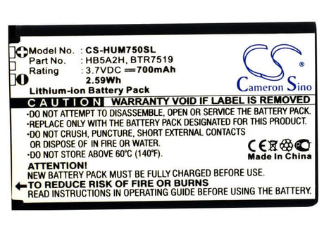 3.7V, Li-ion, 700mAh, SmartPhone battery fits Cricket, Metropcs, Huawei, Btr7519, Crosswave, Crosswave Wifi Broadband Route, 2.59Wh Mobile, SmartPhone Cameron Sino Technology Limited (Smartphone)