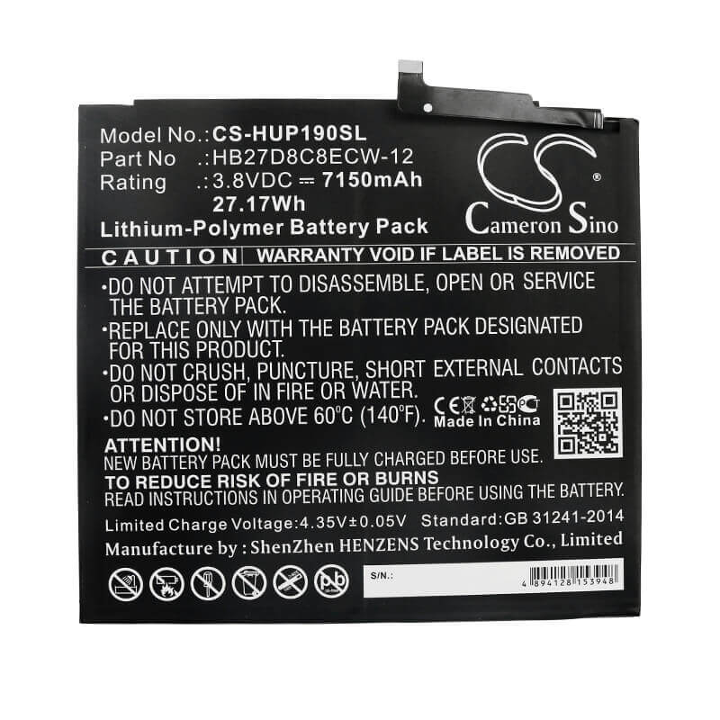 3.8V, Li-Polymer, 7150mAh, Tablet battery fits Huawei, Hb27d8c8ecw-12, Matepad Pro, Mrx-al09, 27.17Wh Tablet Cameron Sino Technology Limited