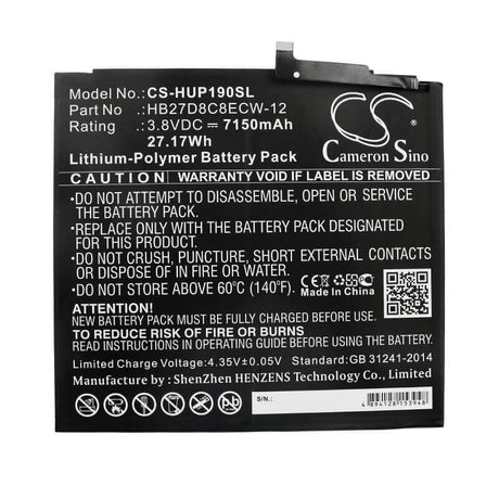3.8V, Li-Polymer, 7150mAh, Tablet battery fits Huawei, Hb27d8c8ecw-12, Matepad Pro, Mrx-al09, 27.17Wh Tablet Cameron Sino Technology Limited