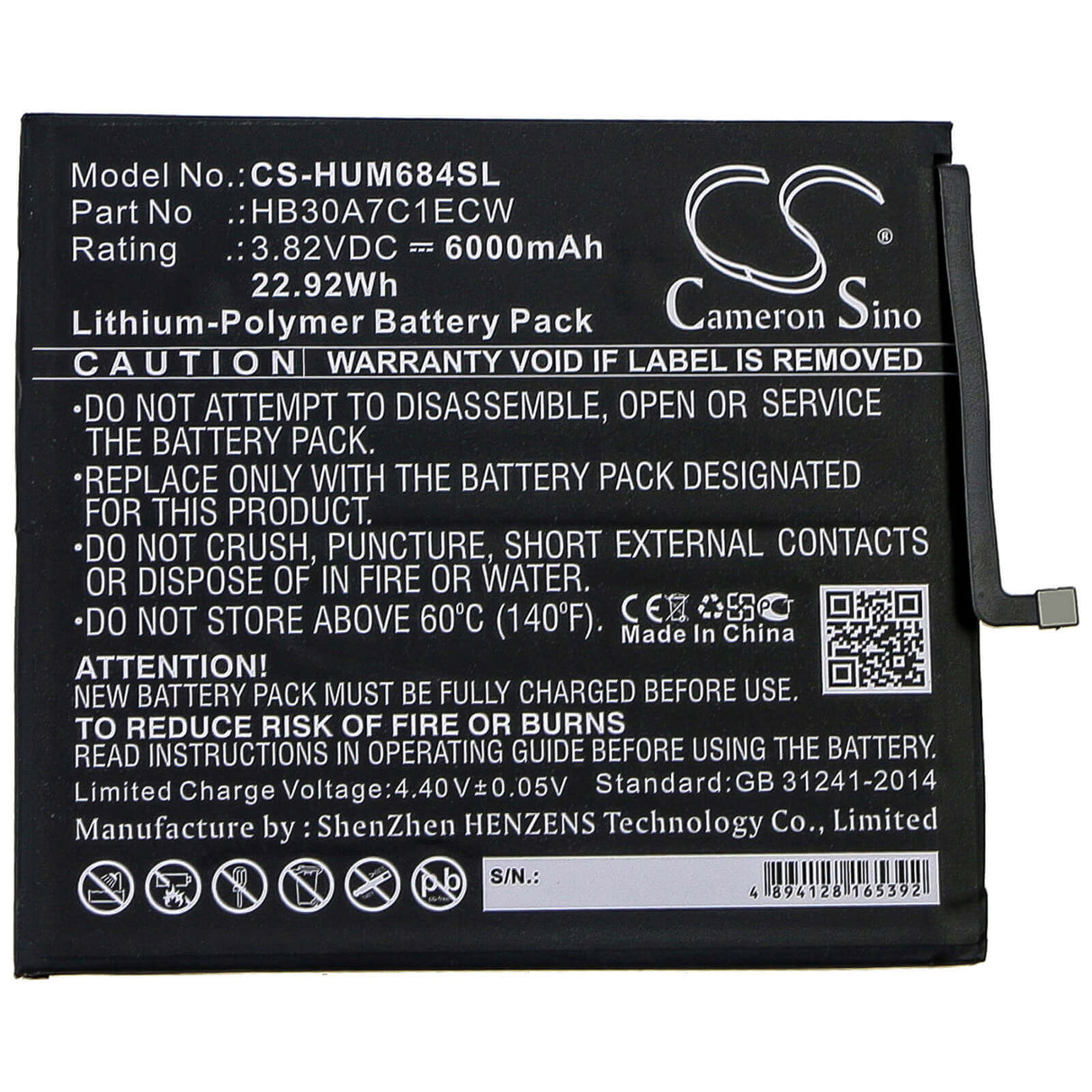3.82V, Li-Polymer, 6000mAh, Tablet battery fits Huawei, Hb30a7c1ecw, Mediapad M6 8.4, Vrd-al09, 22.92Wh Tablet Cameron Sino Technology Limited