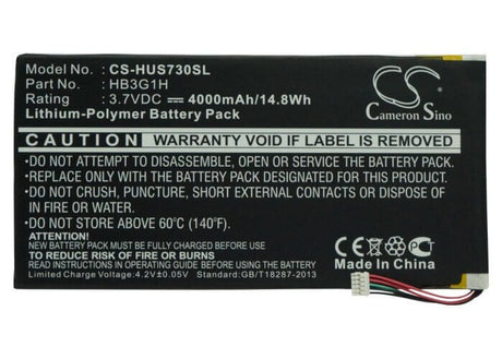 3.7V, Li-Polymer, 4000mAh, Tablet battery fits T-mobile, Huawei, Hb3g1h, Baggio2-u02a, Mediapad, 14.80Wh Tablet Cameron Sino Technology Limited