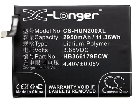 3.85V, Li-Polymer, 2950mAh, SmartPhone battery fits Huawei, Hb366179ecw, Nova 2, Nova 2 Dual Sim, 11.36Wh Mobile, SmartPhone Cameron Sino Technology Limited (Smartphone)