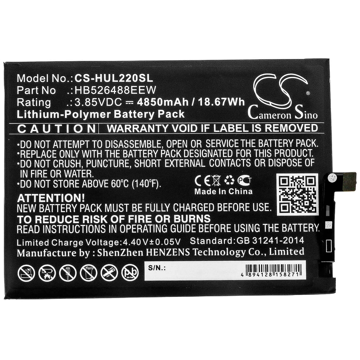 3.85V, Li-Polymer, 4850mAh, SmartPhone battery fits Huawei, Hb526488eew, Changxiang 20 Se, Dnn-l29, 18.67Wh Mobile, SmartPhone Cameron Sino Technology Limited (Smartphone)