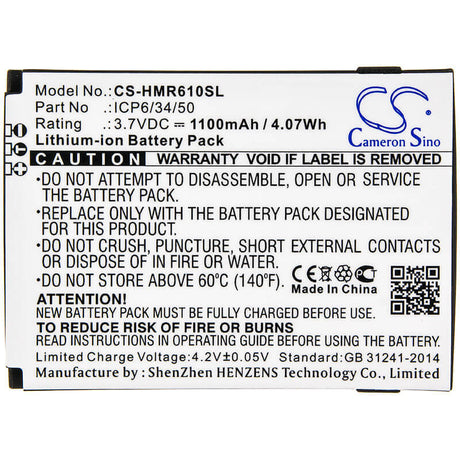 3.7V, Li-ion, 1100mAh, Equipment battery fits Humanware, Icp6/34/50, SmartView Versa, Smartview Versa+, 4.07Wh Equipment, Survey, Test Cameron Sino Technology Limited