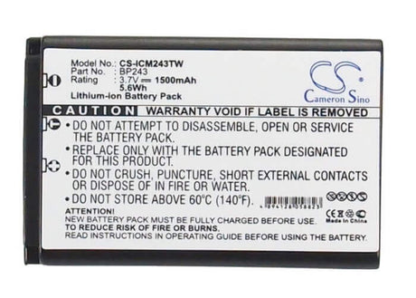 3.7V, Li-ion, 1500mAh, Two-Way Radio battery fits Icom, Bp-243, Ic-e7, Ic-p7, 5.55Wh Two-Way Radio Cameron Sino Technology Limited