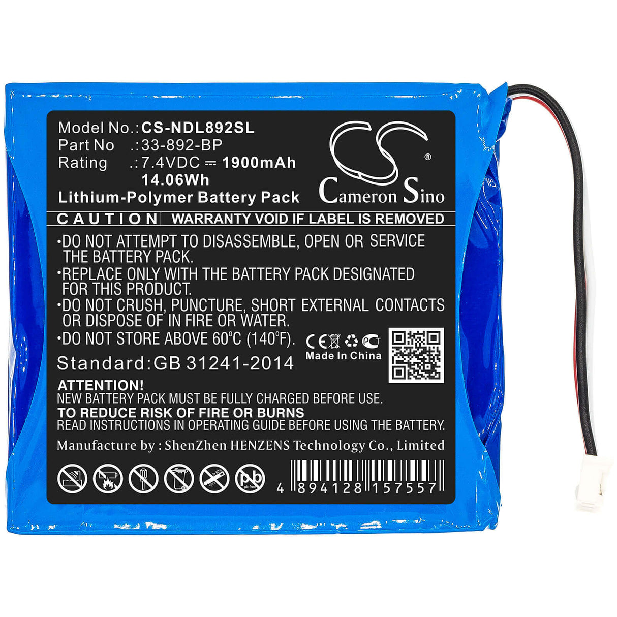 7.4V, Li-Polymer, 1900mAh, Equipment battery fits Ideal, 33-892-bp, 33-892, 33-892 Securitest Pro Tester, 14.06Wh Equipment, Survey, Test Cameron Sino Technology Limited