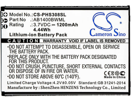 3.7V, Li-ion, 1200mAh, SmartPhone battery fits Inew, Philips, Ab1400bwml, U1, 4.44Wh Mobile, SmartPhone Cameron Sino Technology Limited (Smartphone)