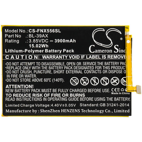 3.85V, Li-Polymer, 3900mAh, SmartPhone battery fits Infinix, Bl-39ax, Hot 4 Pro, X5511, 15.02Wh Mobile, SmartPhone Cameron Sino Technology Limited (Smartphone)