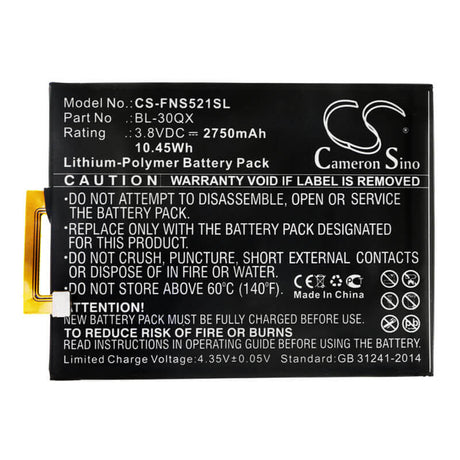 3.8V, Li-Polymer, 2750mAh, SmartPhone battery fits Infinix, Bl-30qx, Hot S, S521, 10.45Wh Mobile, SmartPhone Cameron Sino Technology Limited (Suspended)