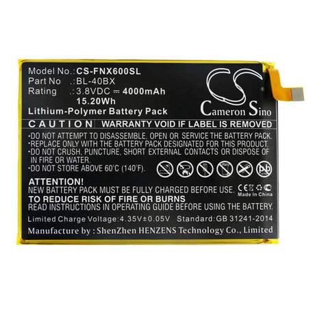 3.8V, Li-Polymer, 4000mAh, SmartPhone battery fits Infinix, Bl-40bx, Note 2, X600, 15.2Wh Mobile, SmartPhone Cameron Sino Technology Limited (Smartphone)