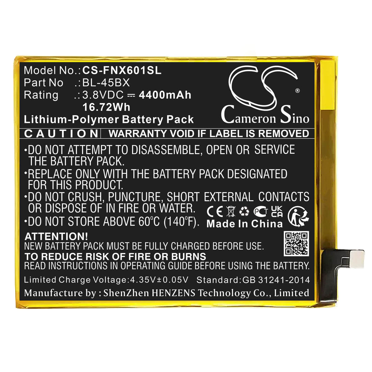 3.8V, Li-Polymer, 4400mAh, SmartPhone battery fits Infinix, Bl-45bx, Note 3, X601, 16.72Wh Mobile, SmartPhone Cameron Sino Technology Limited (Smartphone)