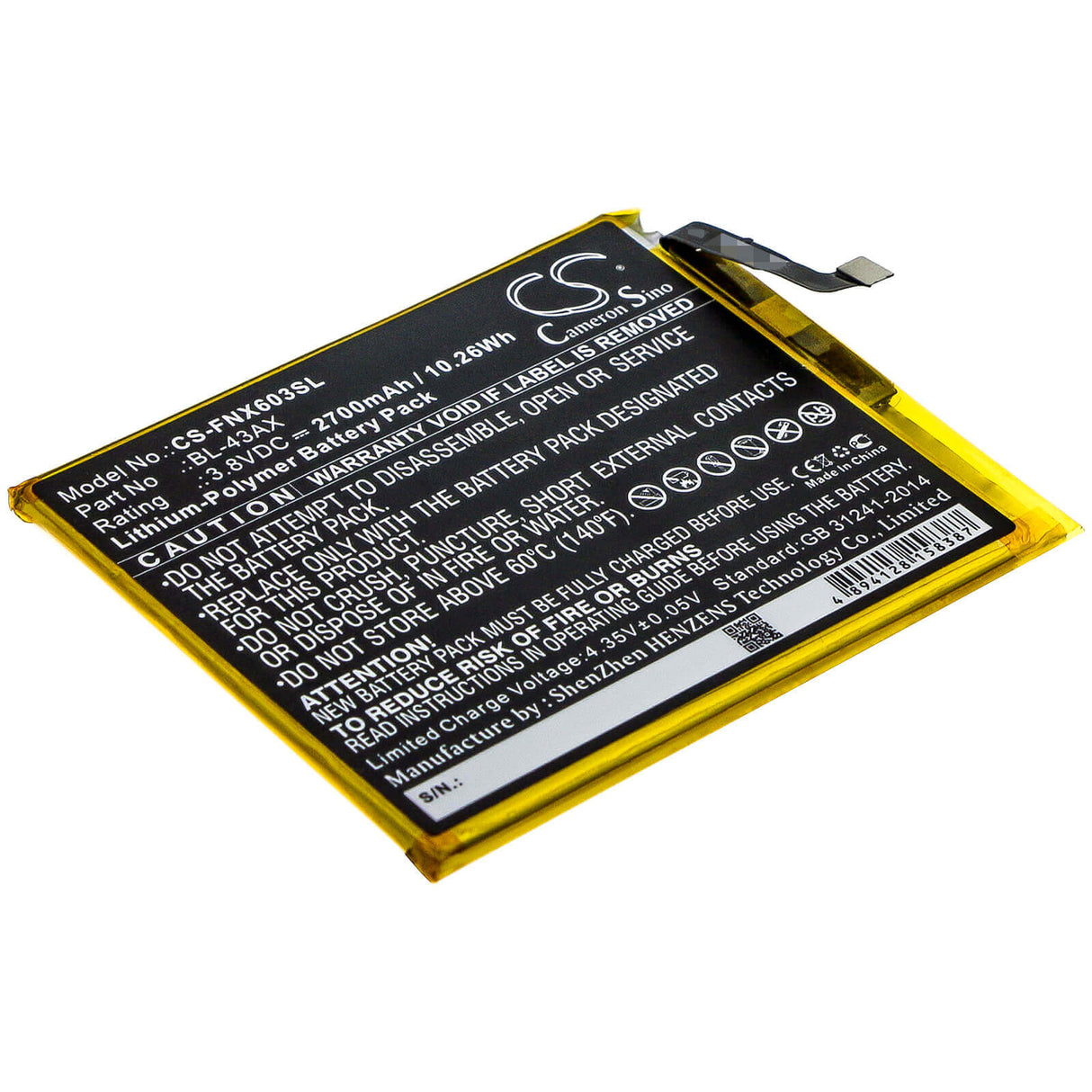 3.8V, Li-Polymer, 2700mAh, SmartPhone battery fits Infinix, Bl-43ax, X603, Zero 5, 10.26Wh Mobile, SmartPhone Cameron Sino Technology Limited (Smartphone)