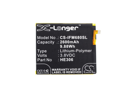 3.8V, Li-Polymer, 2600mAh, SmartPhone battery fits Infocus, He306, M535, M680, 9.88Wh Mobile, SmartPhone Cameron Sino Technology Limited (Suspended)