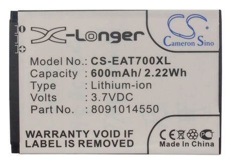3.7V, Li-ion, 600mAh, SmartPhone battery fits Itt, 8091014550, Easy 7, 2.22Wh Mobile, SmartPhone Cameron Sino Technology Limited (Smartphone)
