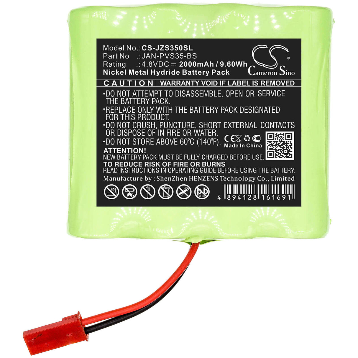 4.8V, Ni-MH, 2000mAh, Smart Home battery fits Jandy, Jan-pvs35-bs, Zodiac Polaris Sol 1000 Pool C, Zodiac S35 Remote, 9.6Wh Smart Home Cameron Sino Technology Limited