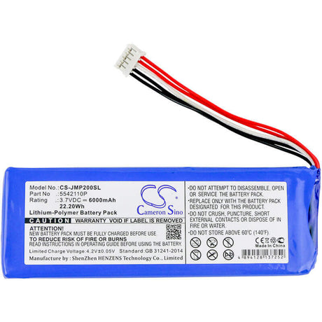 3.7V, Li-Polymer, 6000mAh, Speaker battery fits Jbl, Pulse 2, Pulse Ii, 22.20Wh Speaker Cameron Sino Technology Limited