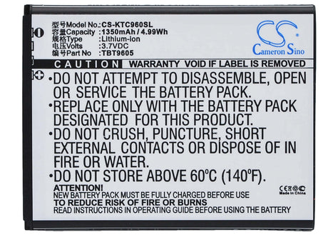 3.7V, Li-ion, 1350mAh, SmartPhone battery fits K-touch, Tbt9605, C960t, C986t, 5Wh Mobile, SmartPhone Cameron Sino Technology Limited (Suspended)